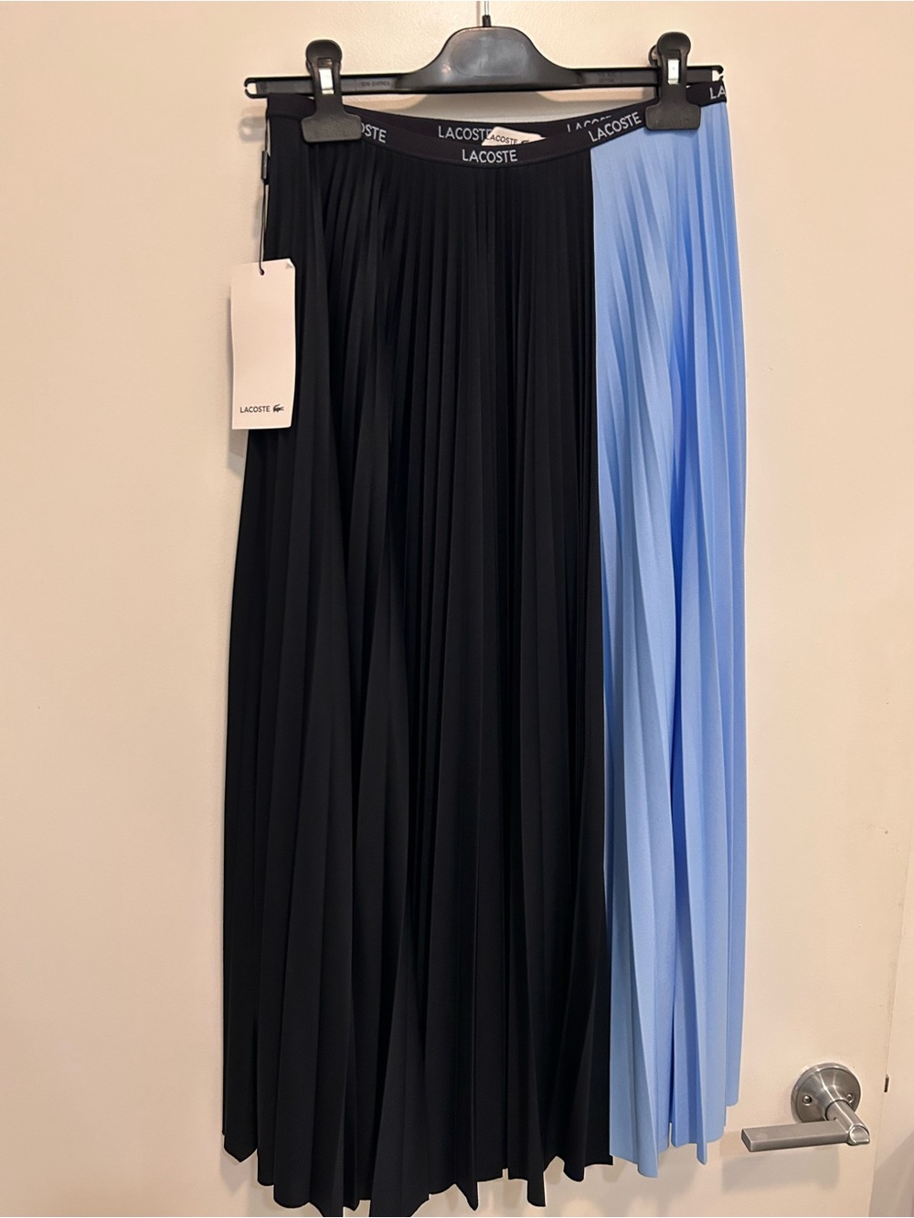 Lacoste Colorblock Pleated Midi Skirt in Navy and Light Blue